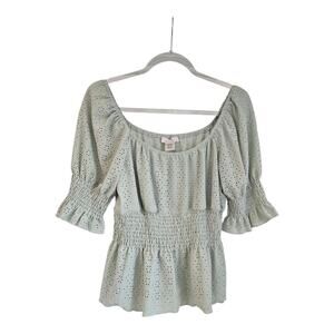 Urban Romantics Womens XL Top Babydoll Eyelet Lace Smocked Peplum Light Green